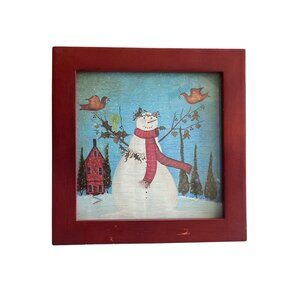 Decorative Snowman Picture Frame With Birds & House Scene In Red Wood